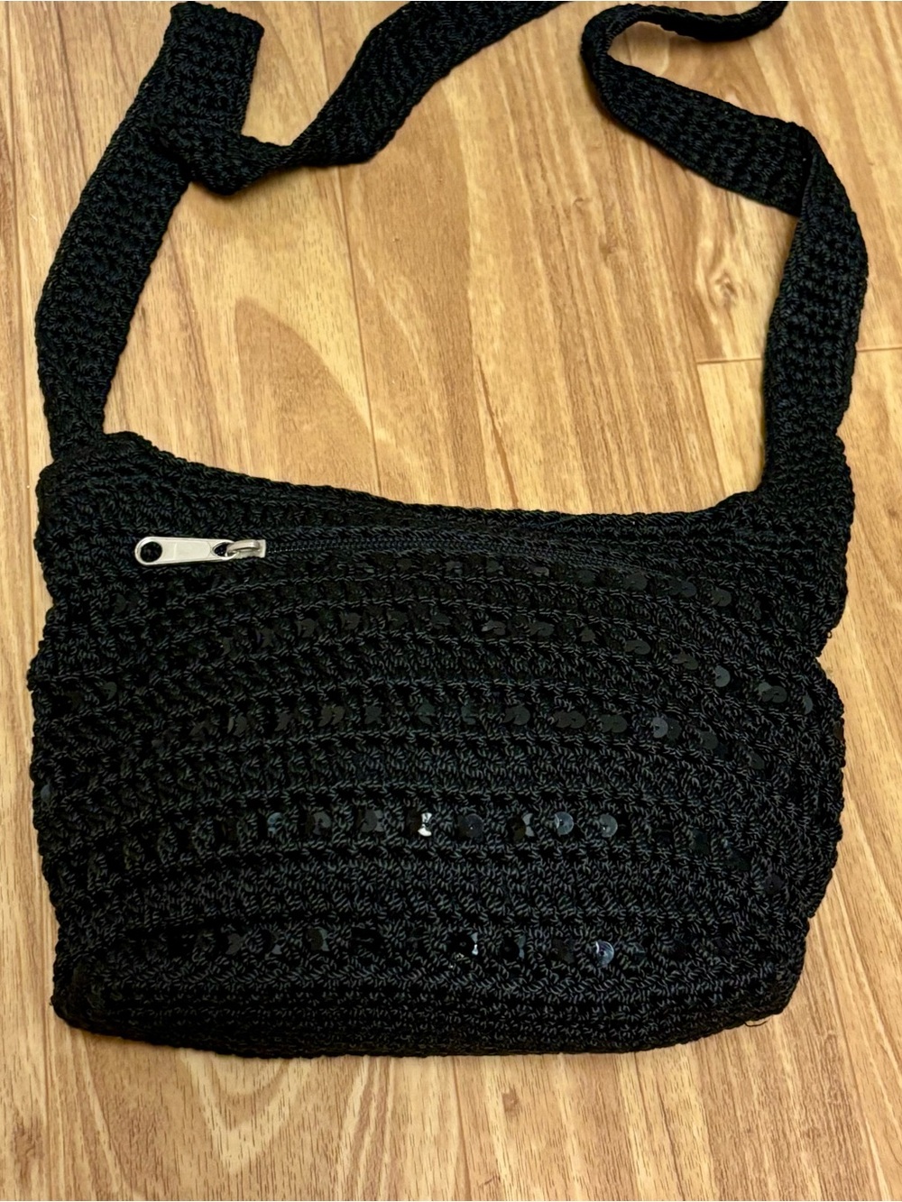 Black Crochet Crossbody Bag with Sequin Detail